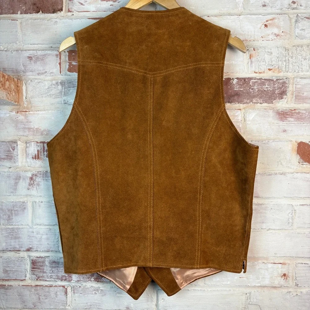 Vintage 70s Sears Leather Shop Suede Western Vest Tan Brown Satin Lined Size 44T